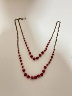 Double-layer Red Bead & Gold Tone Chain Costume Jewelry Necklace-Preowned